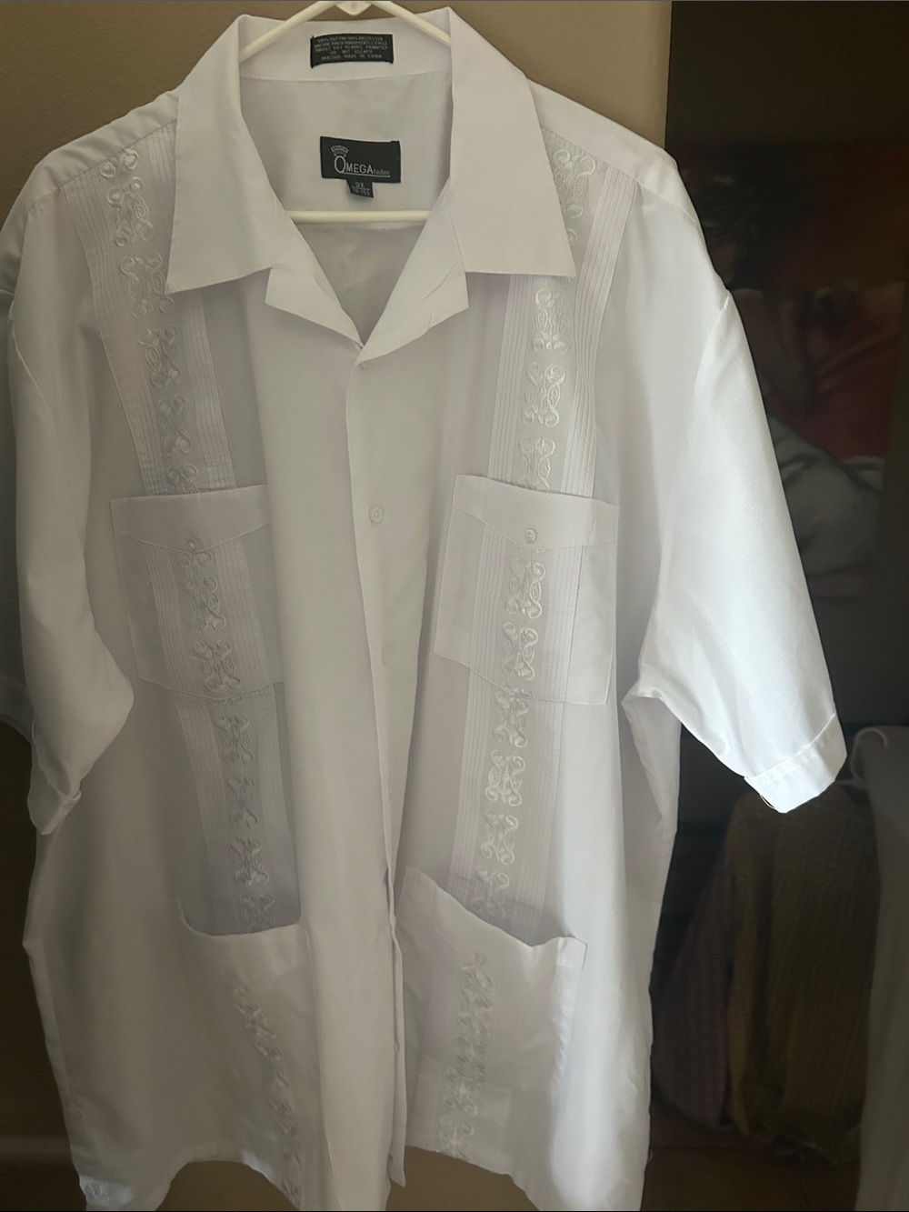Omega White Embroidered Short-Sleeve Guayabera Shirt
